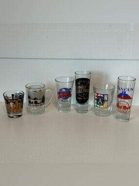 6 Travel Tourist Logo Shot Glasses, Vintage